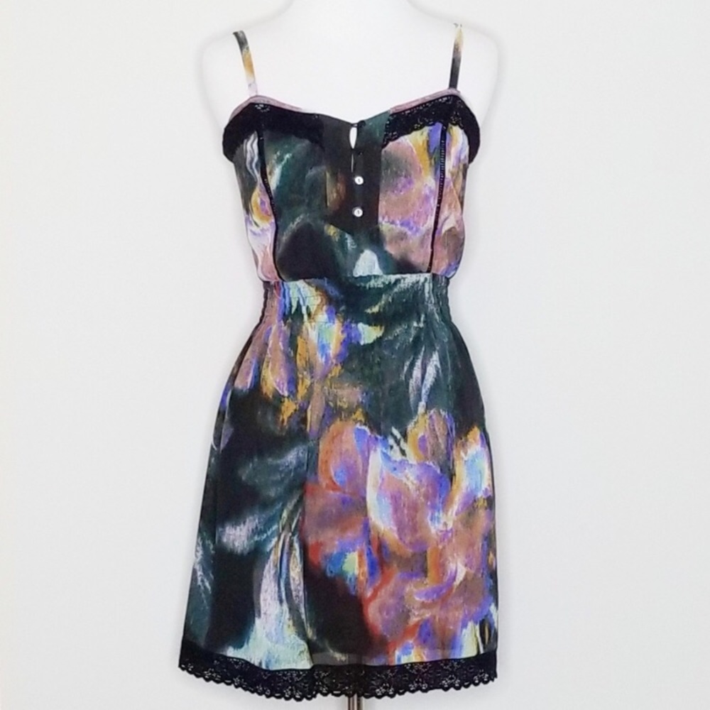 Kimchi Blue Urban Outfitters watercolor mini dress black lace trim size xs